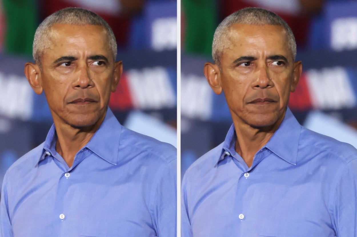 A person wearing a blue shirt is pictured twice, looking to the side, in a public event setting