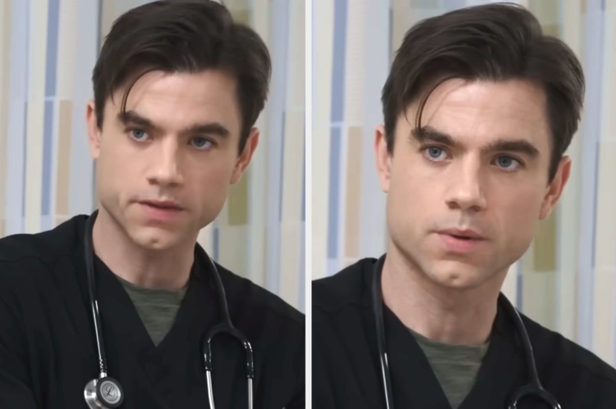 Person in medical scrubs with a stethoscope around their neck, looking attentive and focused