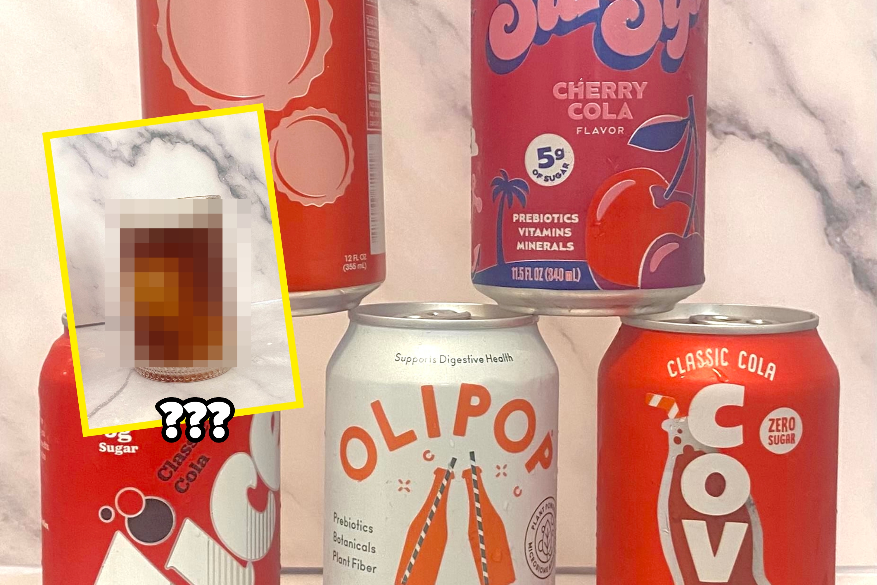 Various soda cans are displayed, including cherry cola and classic cola flavors, some featuring health-oriented labels promoting prebiotics and zero sugar