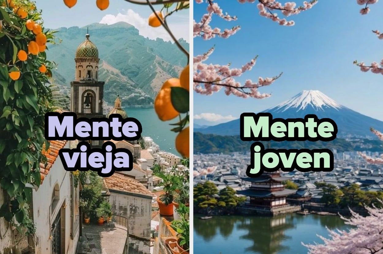Split image: Left shows a Mediterranean village with "Mente vieja" text. Right shows Mount Fuji with cherry blossoms and "Mente joven" text