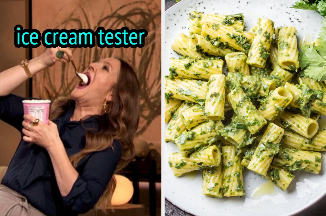 On the left, Drew Barrymore leaning back to eat ice cream labeled ice cream tester, and on the right, pesto pasta
