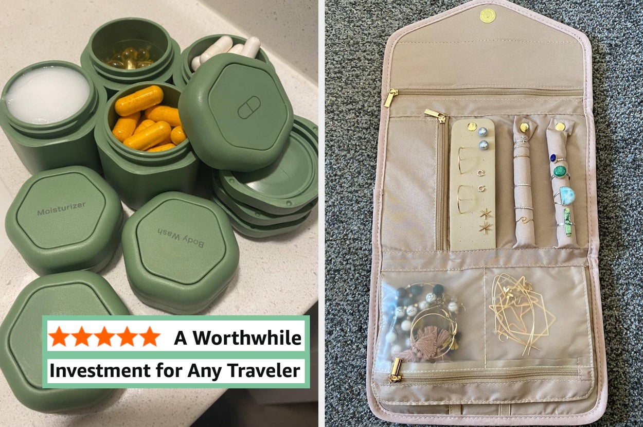 Travel containers with toiletries on left; jewelry organizer with rings and earrings on right. 5-star review states it's a worthwhile investment for travelers