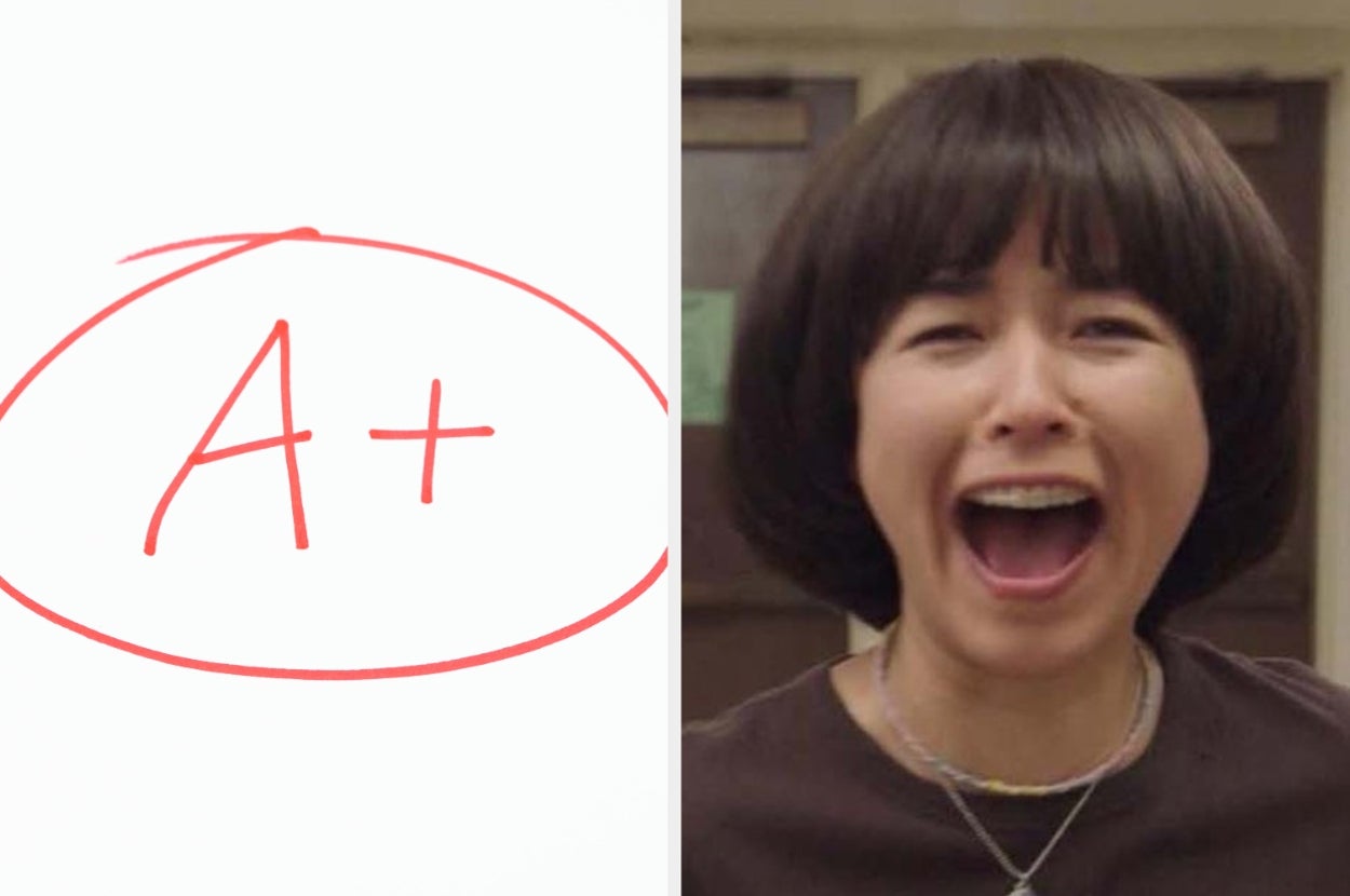 Left: Red circle around "A+" on paper. Right: Person is joyfully screaming indoors