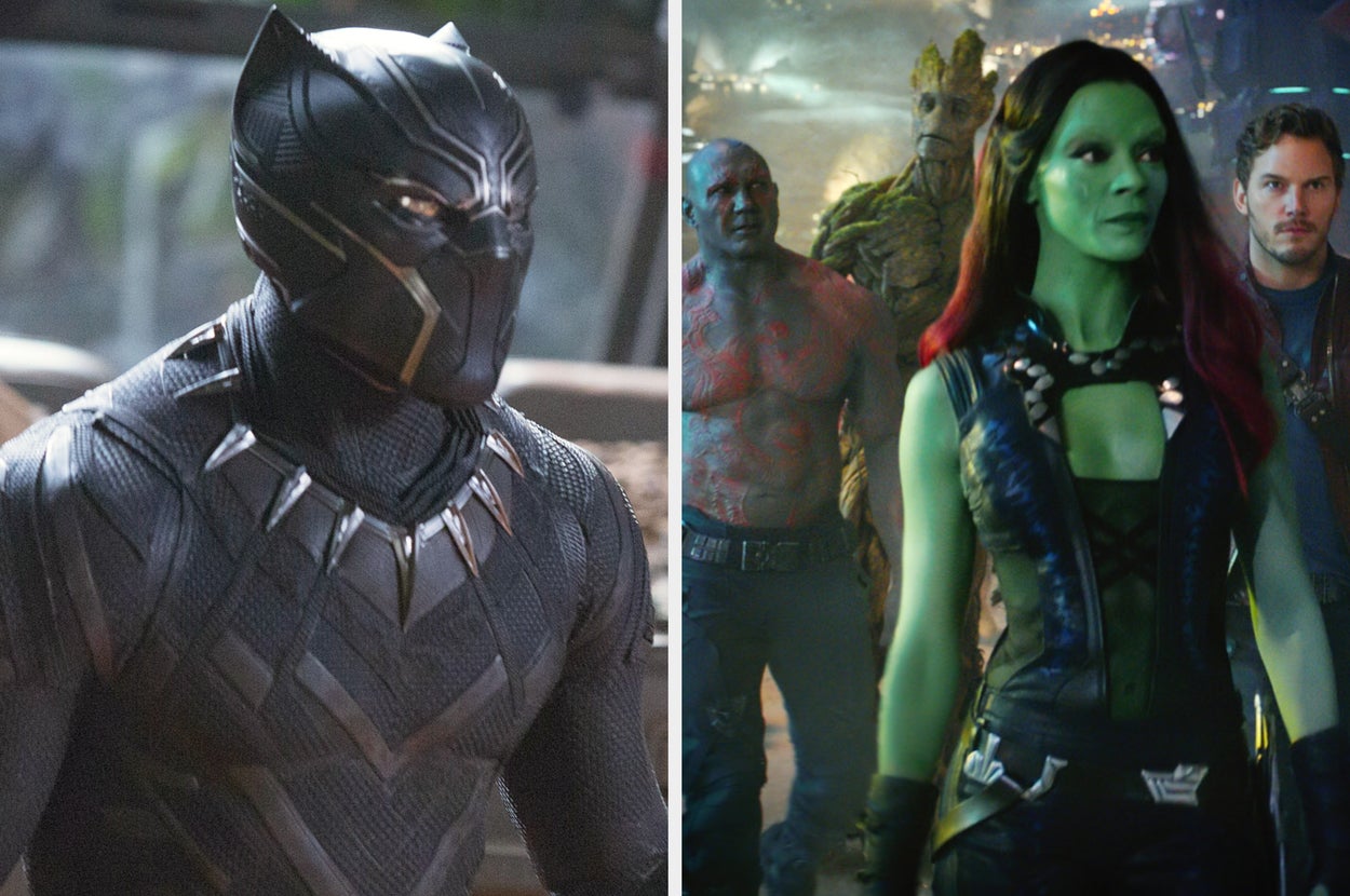 Split image of Black Panther and "Guardians of the Galaxy" characters.