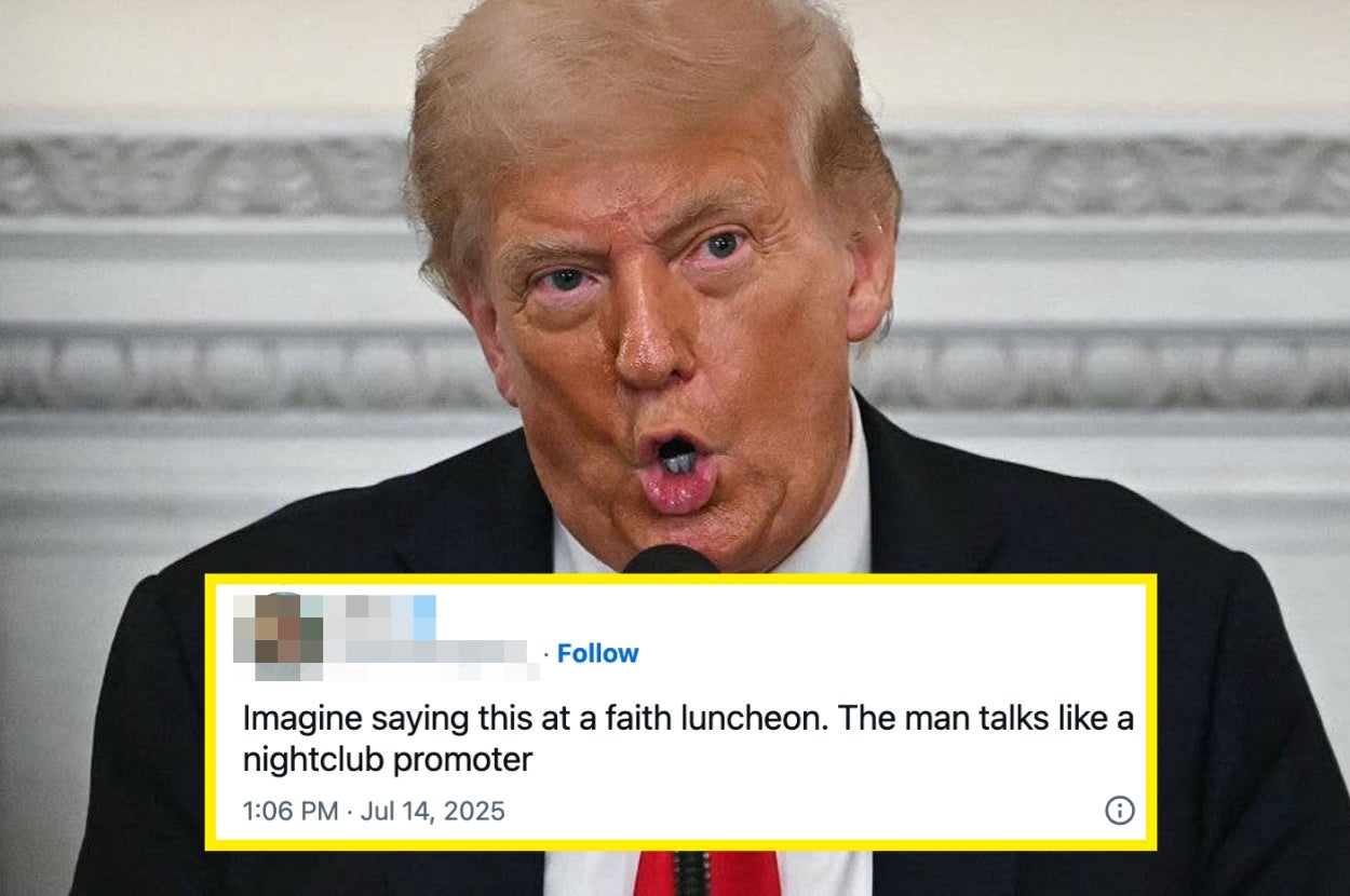 Donald Trump speaking with an exaggerated expression; a social media comment below reads: "Imagine saying this at a faith luncheon. The man talks like a nightclub promoter."