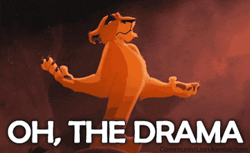 Animated lion in a dramatic pose with text &quot;Oh, the drama&quot; below, capturing a theatrical moment