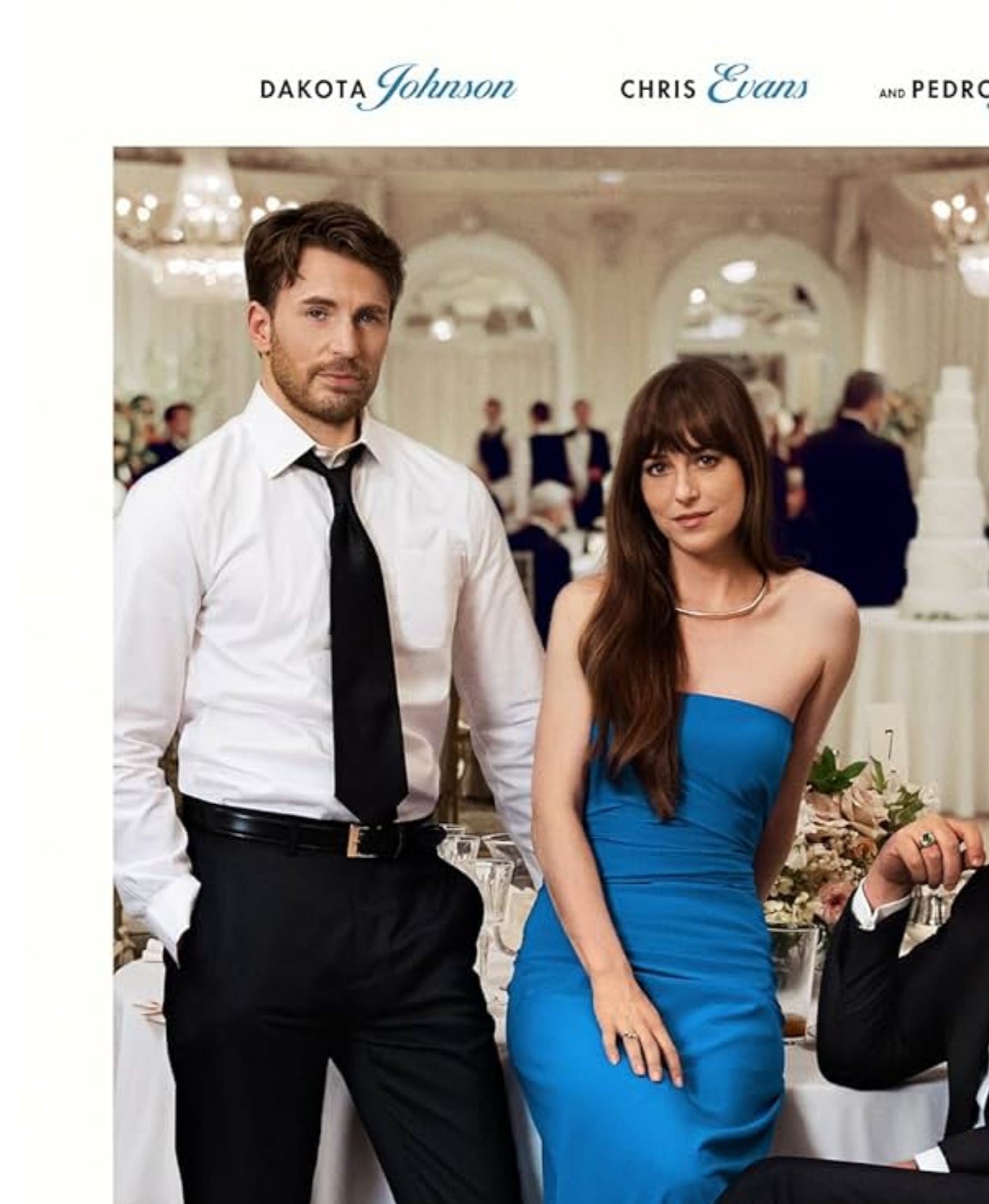 Three people in formal attire pose with balloons in an elegant setting. Text: &quot;Materialists&quot; with actors&#x27; names listed