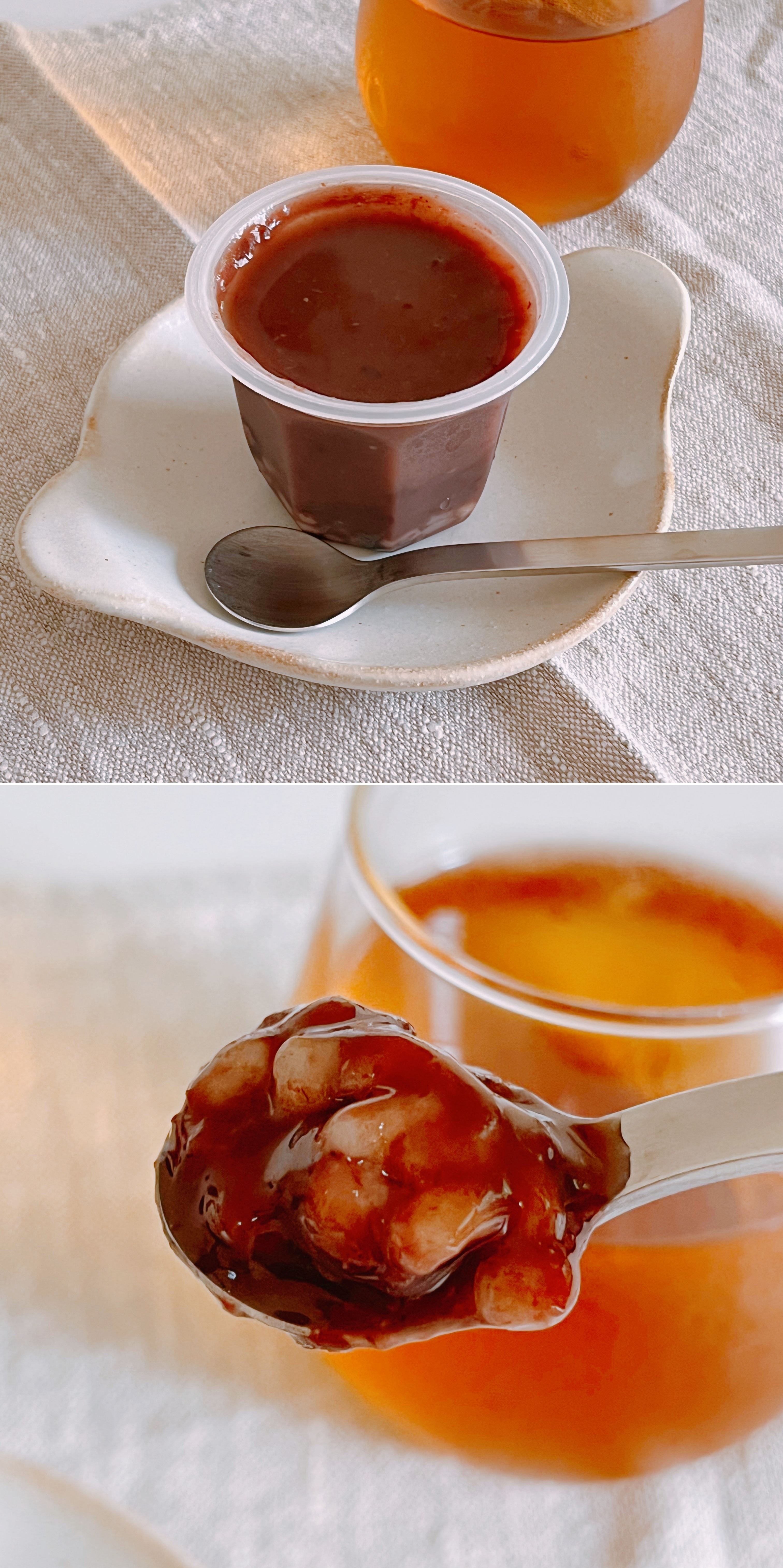 クリーム色の皿にチョコレートムースのカップデザートとスプーンが載っている。スプーンですくった部分がアップで見える。
