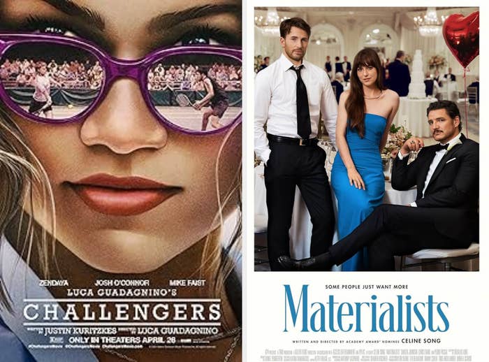 Movie poster for &quot;Challengers&quot; featuring a close-up of a person&#x27;s face with tennis scenes reflected in sunglasses. Stars include Zendaya