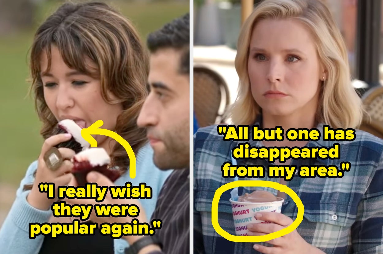 Two people nostalgically enjoy snacks, with humorous text expressing longing for their availability