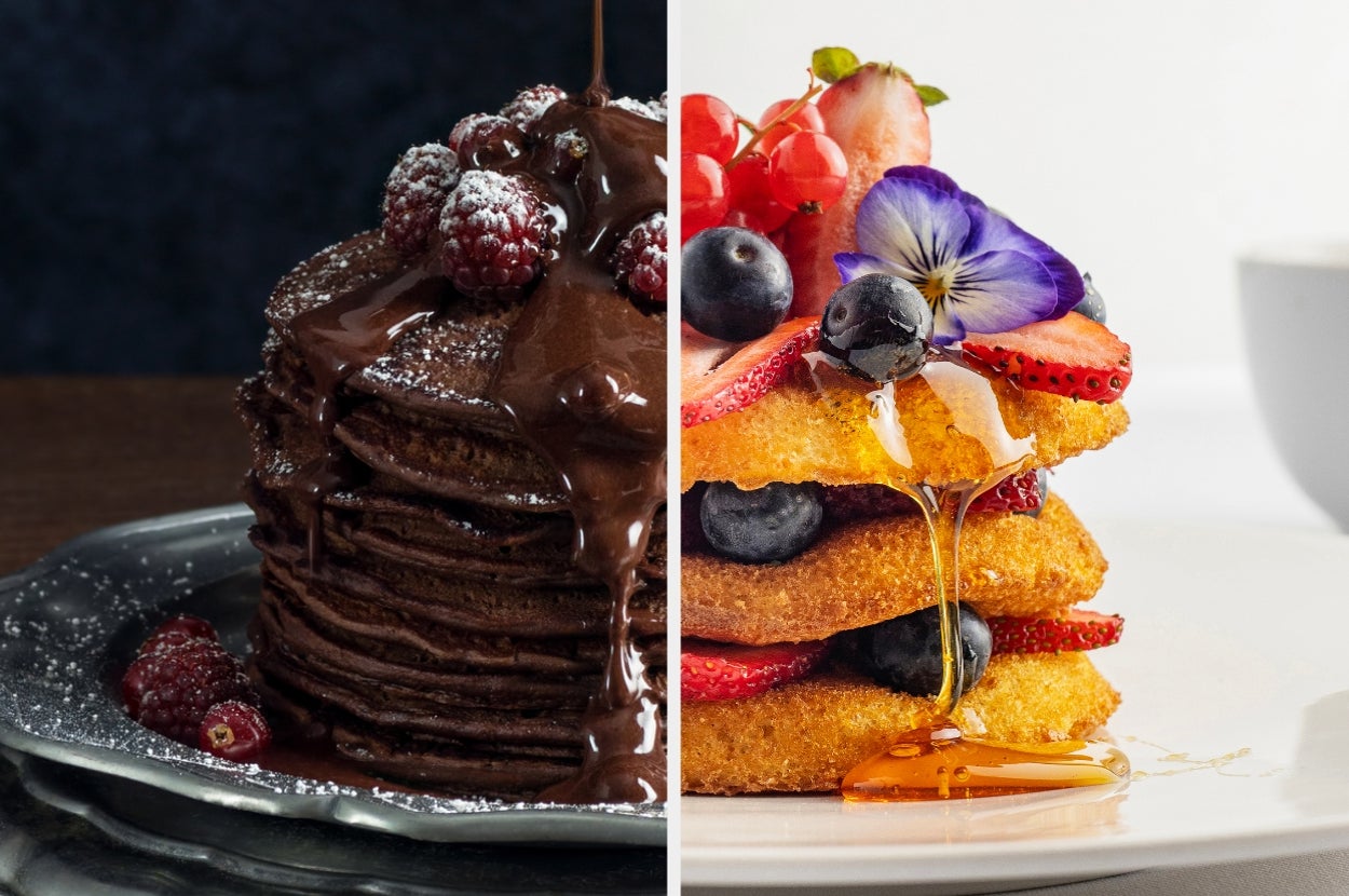 Left: Stack of chocolate pancakes with raspberries and chocolate drizzle. Right: Stack of plain pancakes with berries, flowers, and syrup