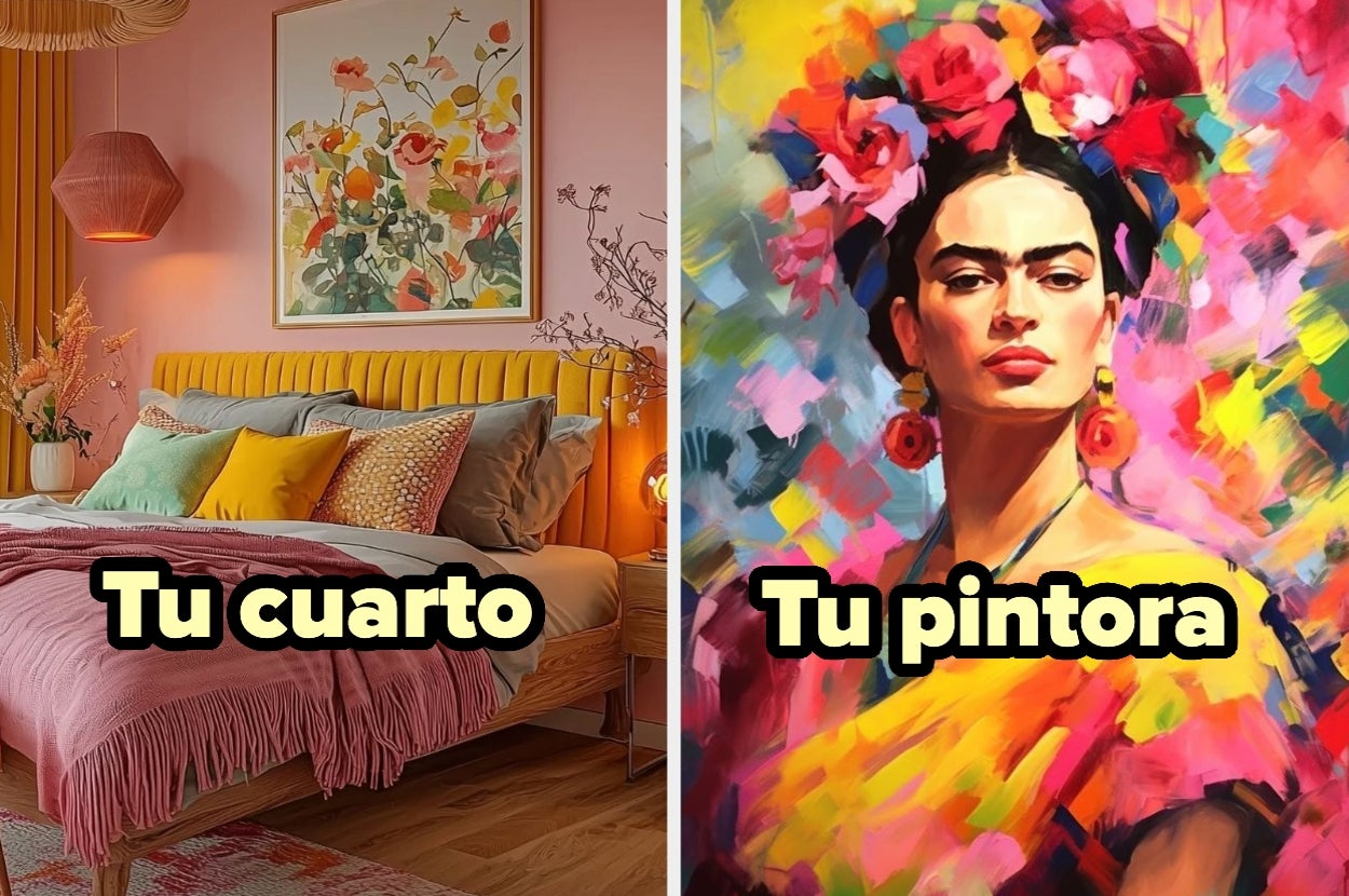 Imagen dividida: a la izquierda, un dormitorio decorado; a la derecha, una pintura artística de una mujer con aretes grandes. Texto: "Tu cuarto, tu pintora"