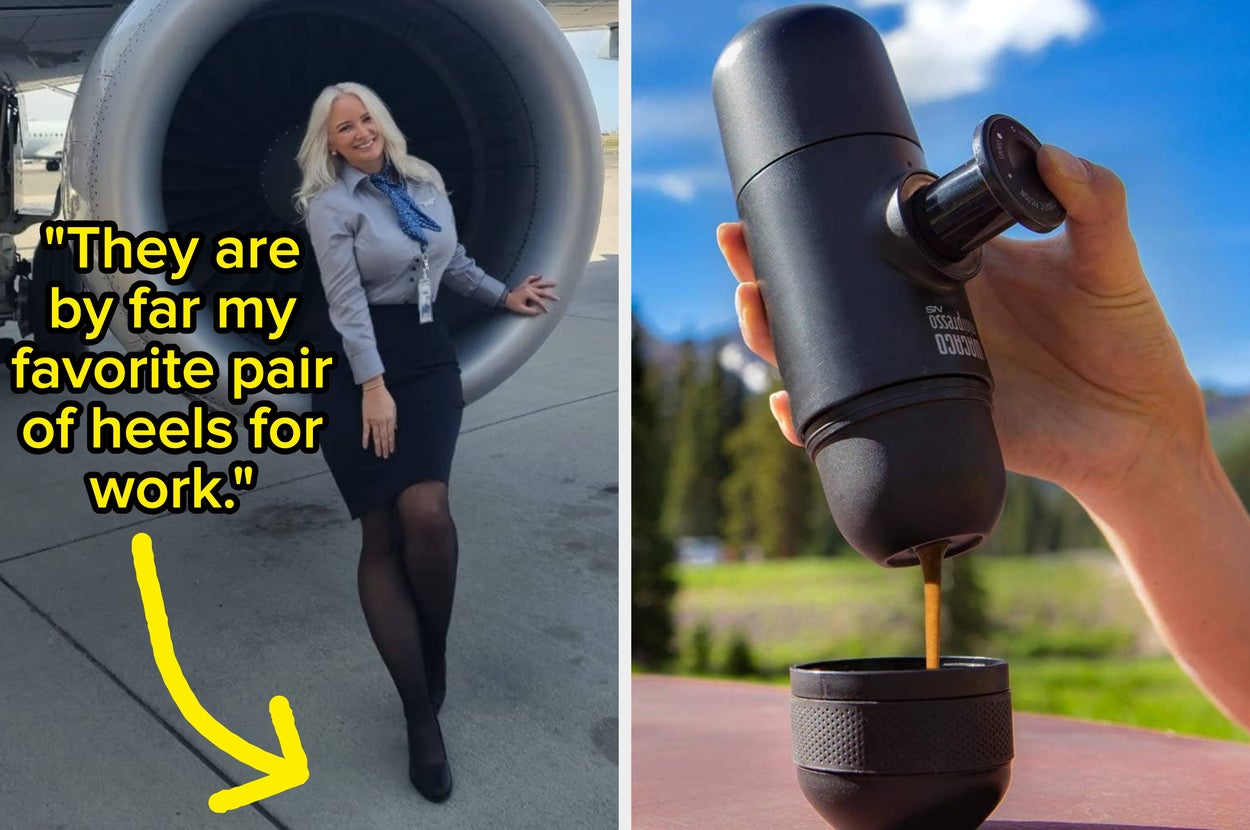 Left: Person in business attire poses by airplane engine, wearing heels. Right: Hand holds portable espresso machine, outdoors