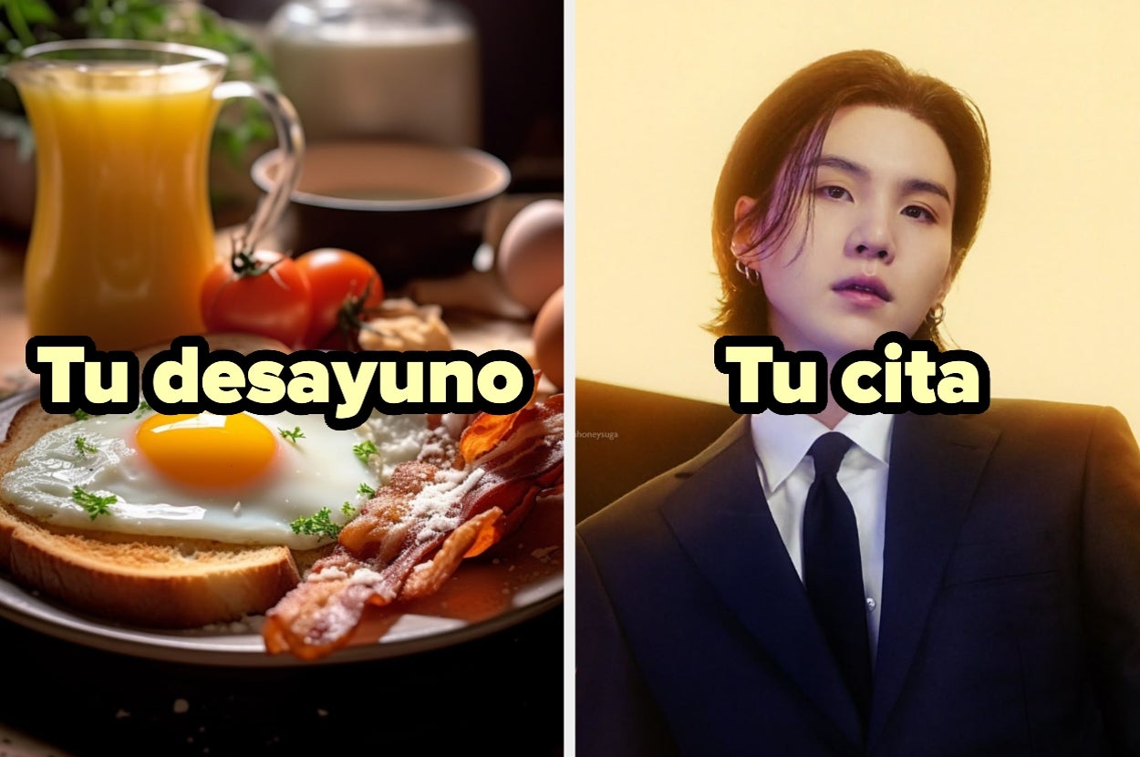 Desayuno con huevo, pan y tocino junto a zumo. Persona con traje negro y camisa blanca. Texto: "Tu desayuno" y "Tu cita"