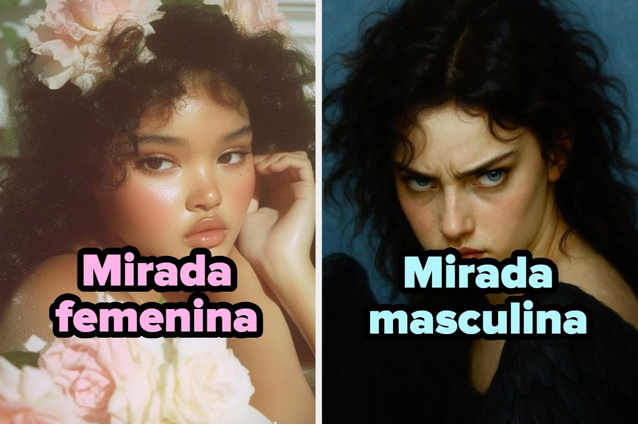 Dos imágenes de personas con maquillaje y expresiones diferentes: "Mirada femenina" a la izquierda, "Mirada masculina" a la derecha
