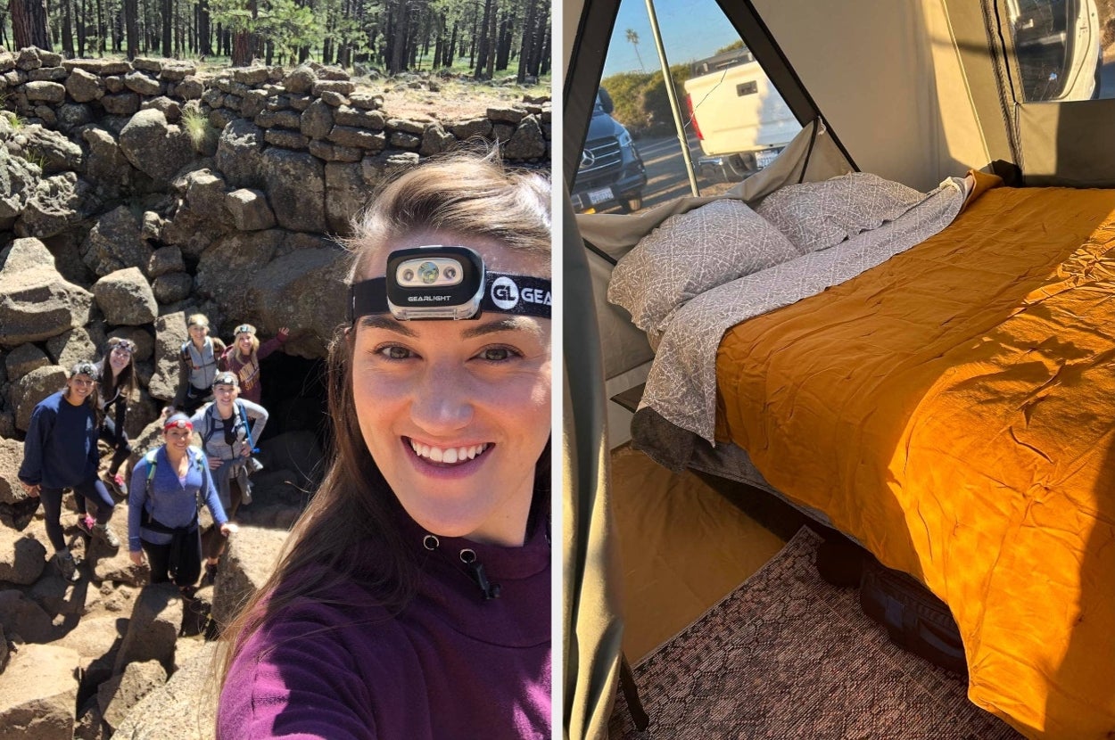 Person wearing a headlamp takes a selfie with a group by a cave entrance; right side shows a cozy bed setup inside a tent