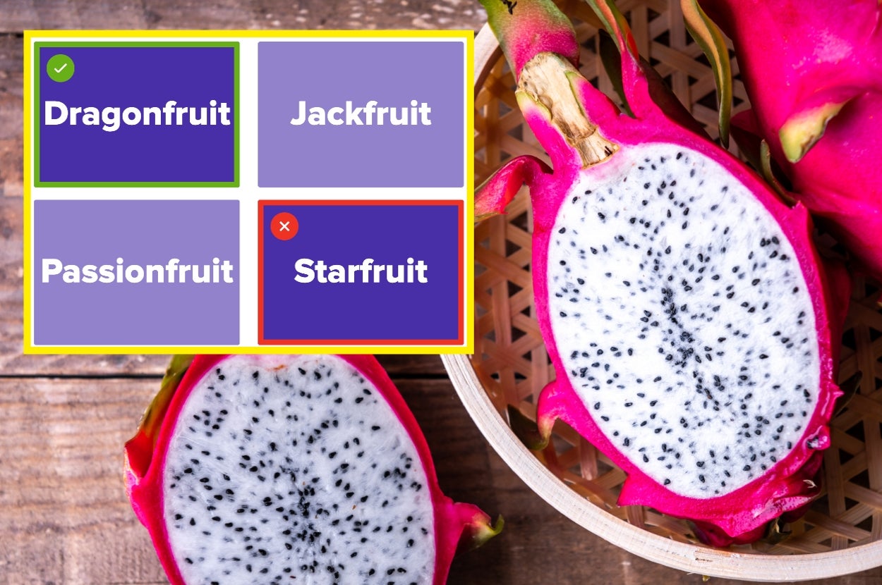 Image of a dragon fruit cut in half. A quiz question with “Dragonfruit” chosen as correct and “Starfruit” marked incorrect