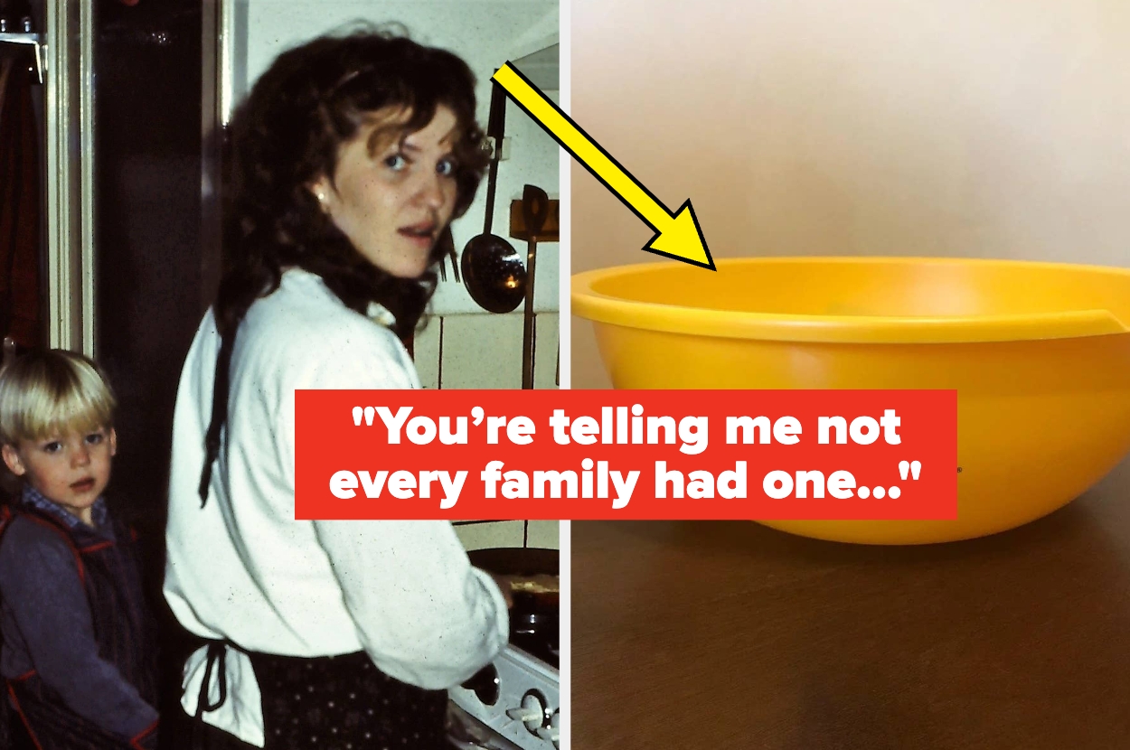 A woman cooking near a child with text overlay: "You're telling me not every family had one..." pointing to a yellow bowl