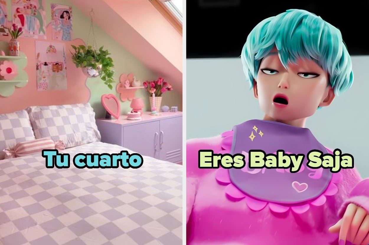A la izquierda, una habitación decorada. A la derecha, un personaje animado con cabello azul y expresión exagerada. Textos: "Tu cuarto" y "Eres Baby Saja"