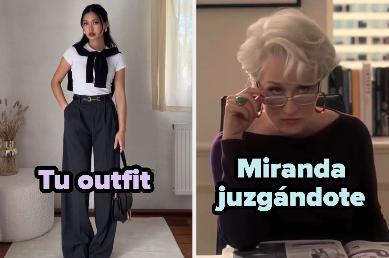 Dos imágenes: a la izquierda, persona posando con atuendo elegante; a la derecha, personaje mirando con expresión crítica. Texto: "Tu outfit" y "Miranda juzgándote"
