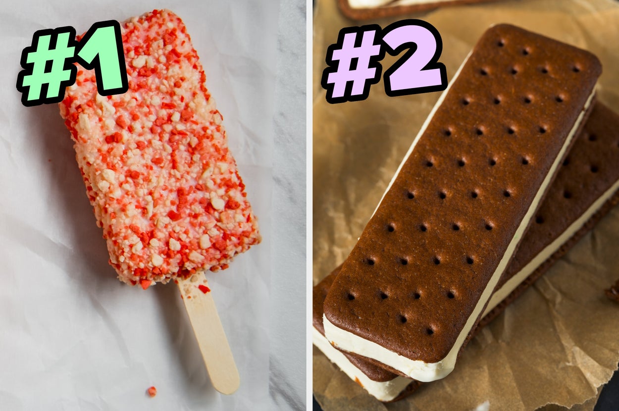 On the left, a strawberry shortcake ice cream bar labeled number 1, and on the right, two ice cream sandwiches stacked on top of each othere labeled number 2