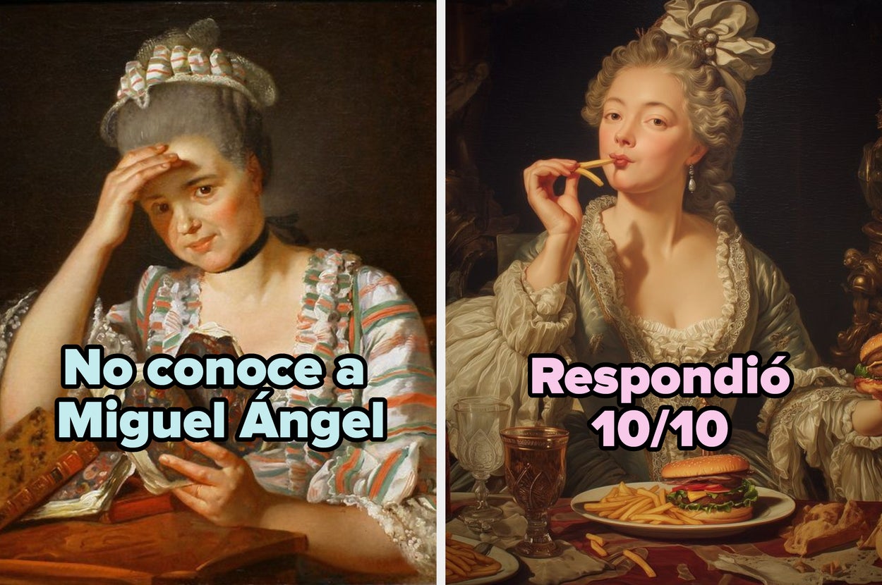 Retrato clásico a la izquierda con texto humorístico en español; a la derecha, mujer vestida de época comiendo comida rápida