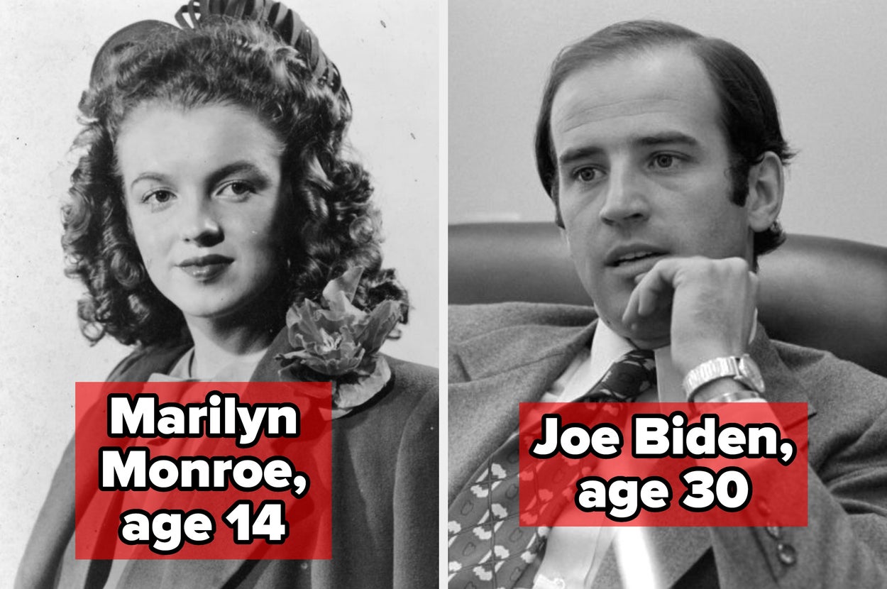 Young Marilyn Monroe in a floral accessory; young Joe Biden in a suit, leaning back thoughtfully