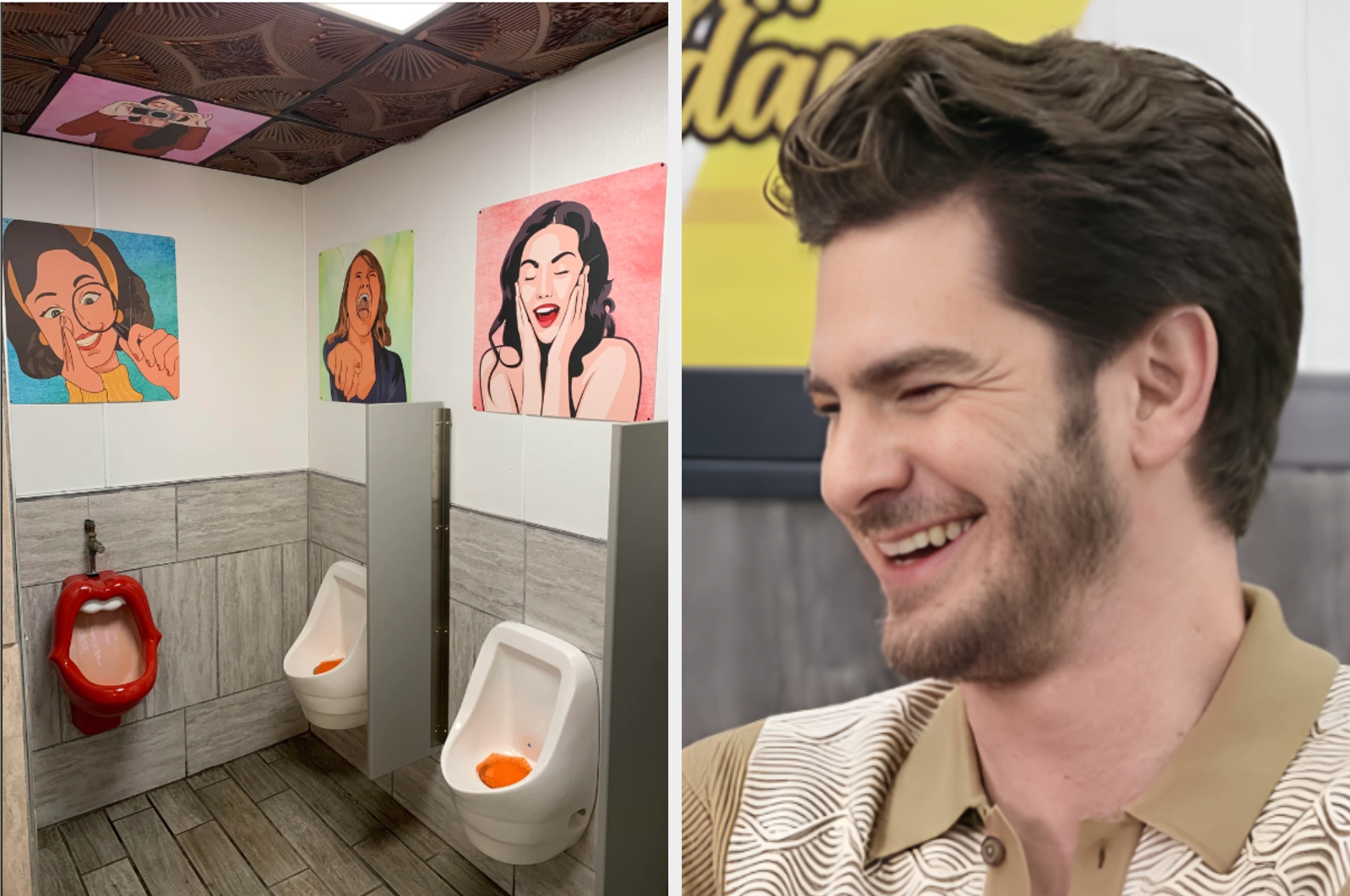 A public restroom features a urinal shaped like an open mouth and two standard urinals. Cartoon art of women with surprised and laughing expressions adorns the walls