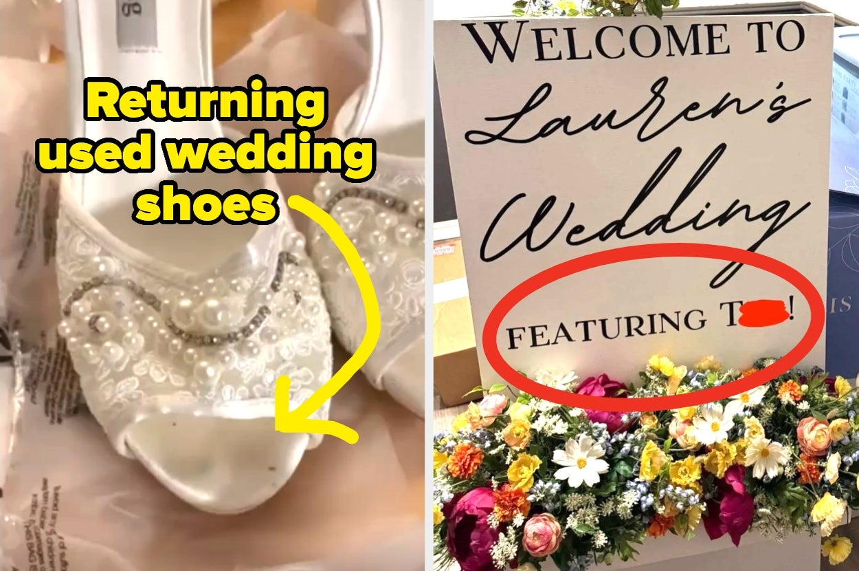 Photo of used wedding shoes with pearls and a wedding sign reading "Welcome to Lauren's Wedding, ft. T__"