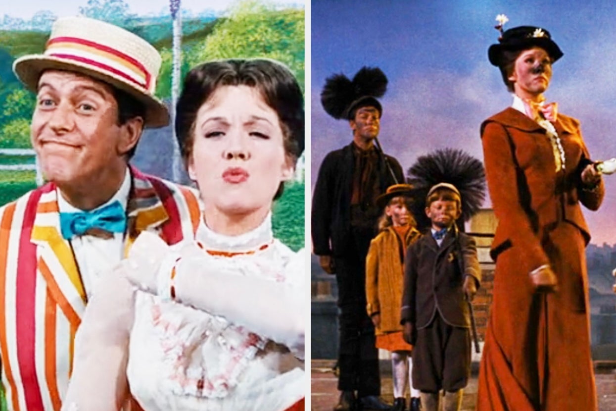 Split image of two scenes from "Mary Poppins" featuring Mary, Bert, Jane, and Michael