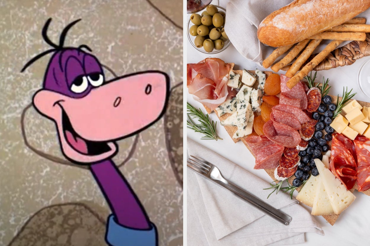 Cartoon purple snake with a smug expression next to a charcuterie board with meats, cheeses, bread, and fruit