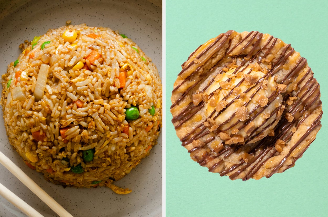 On the left, fried rice, and on the right, a skillet cookie from Crumbl