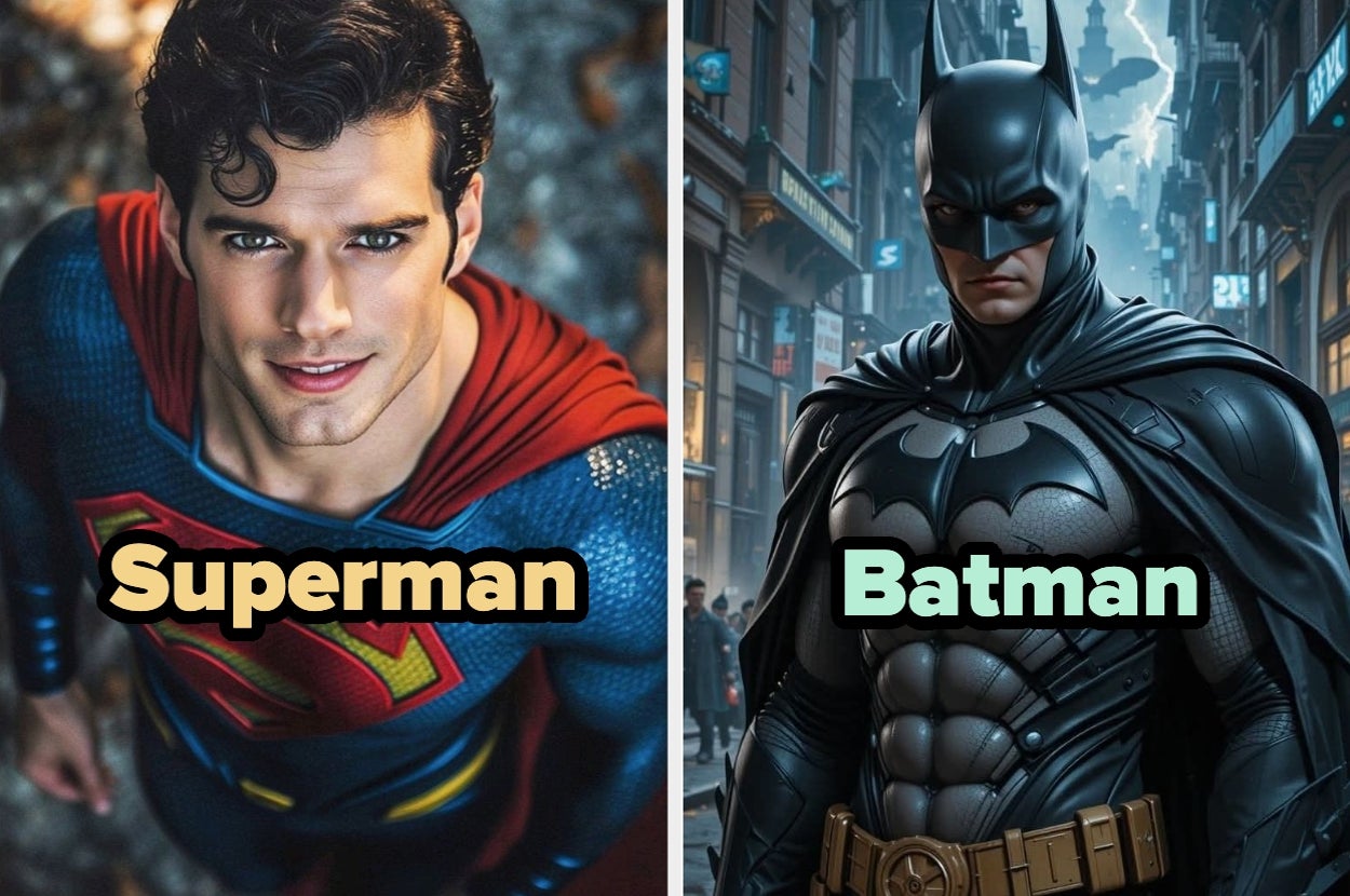 Superman and Batman side by side; Superman in a suit with an "S" logo, and Batman in a dark armored suit with a cowl
