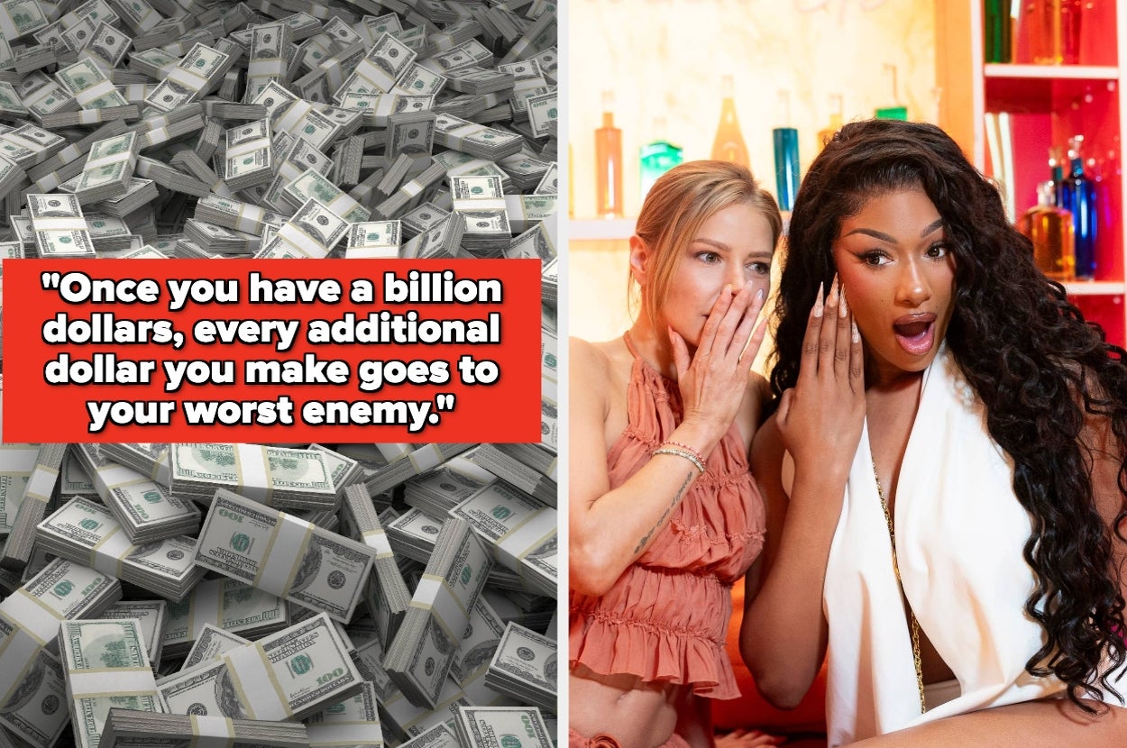 Left: Quote about billionaires and money. Right: Two people reacting with surprise
