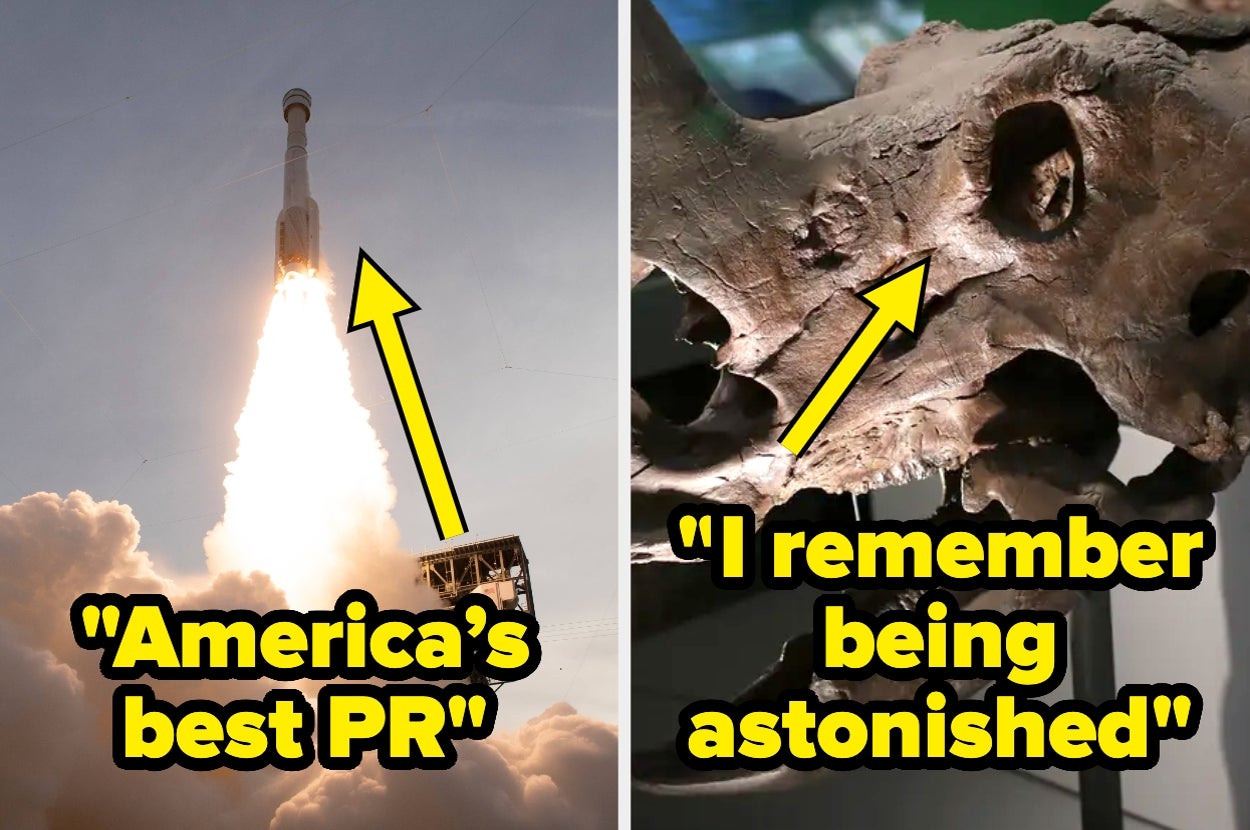 Rocket launching with caption "America's best PR" and dinosaur skull with caption "I remember being astonished."