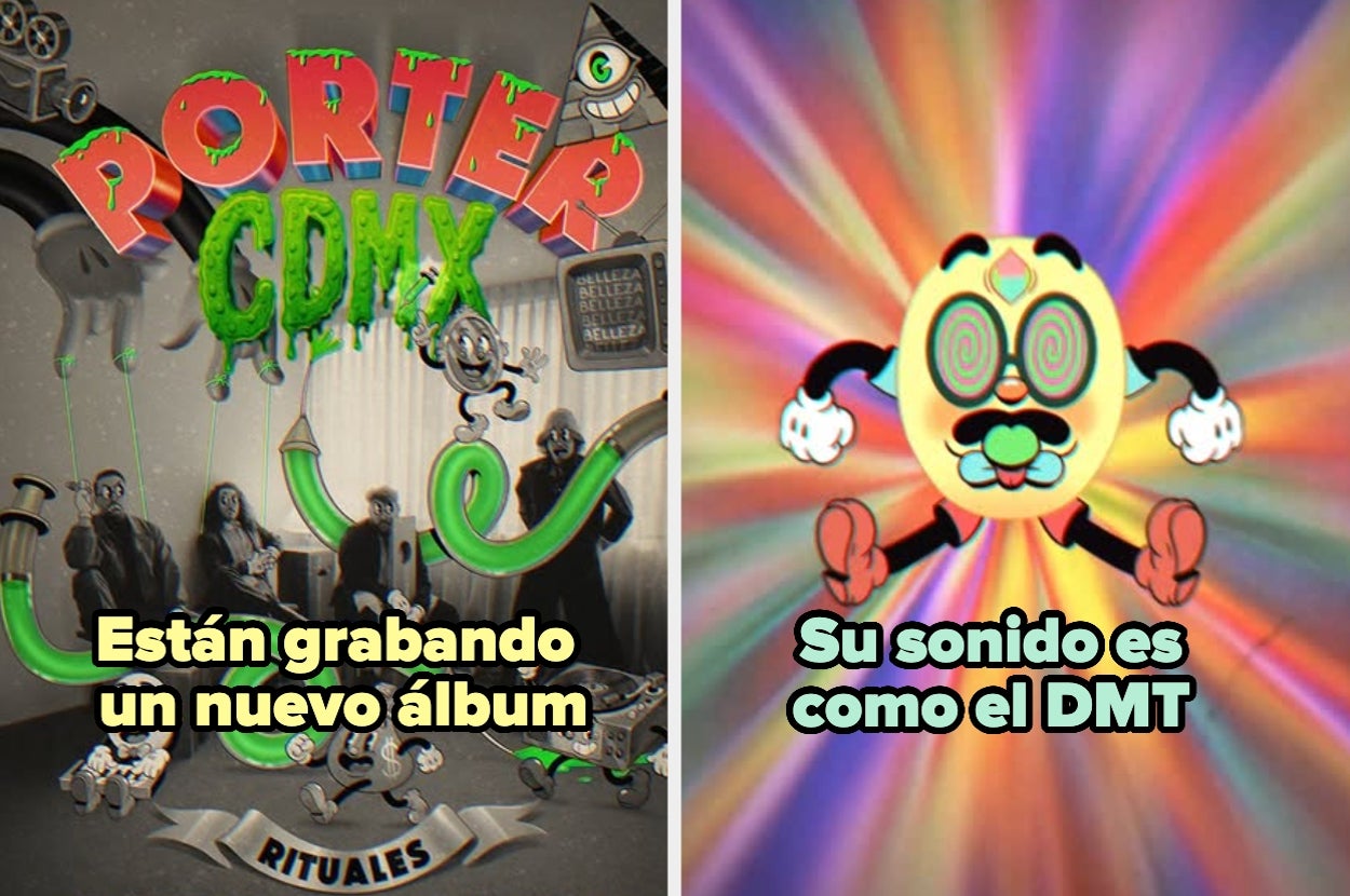 The image depicts two scenes: left, a vintage-style album cover for Porter's "Rituales"; right, a cartoon character with text, "Su sonido es como el DMT."