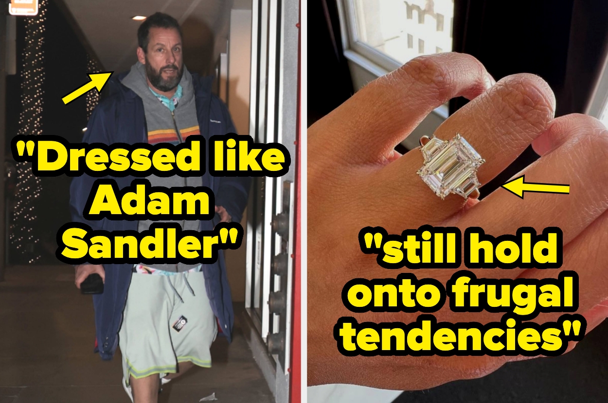 Person in casual wear with text: "Dressed like [Name]." Hand showing a ring with text: "still hold onto frugal tendencies."