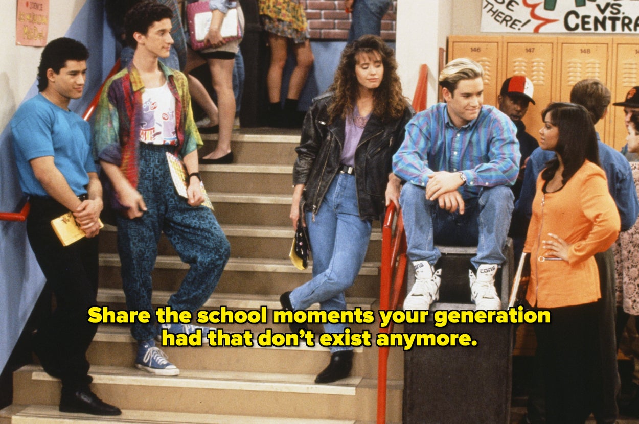 Five teenagers in casual 90s fashion chat on school stairs, with lockers and a brick wall in the background