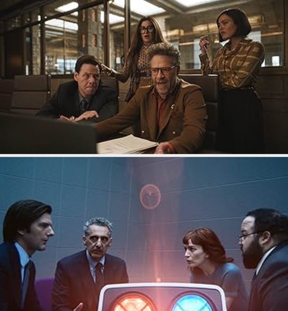 People in an office setting, engaging in intense conversation. They are focused on monitors in two separate scenes