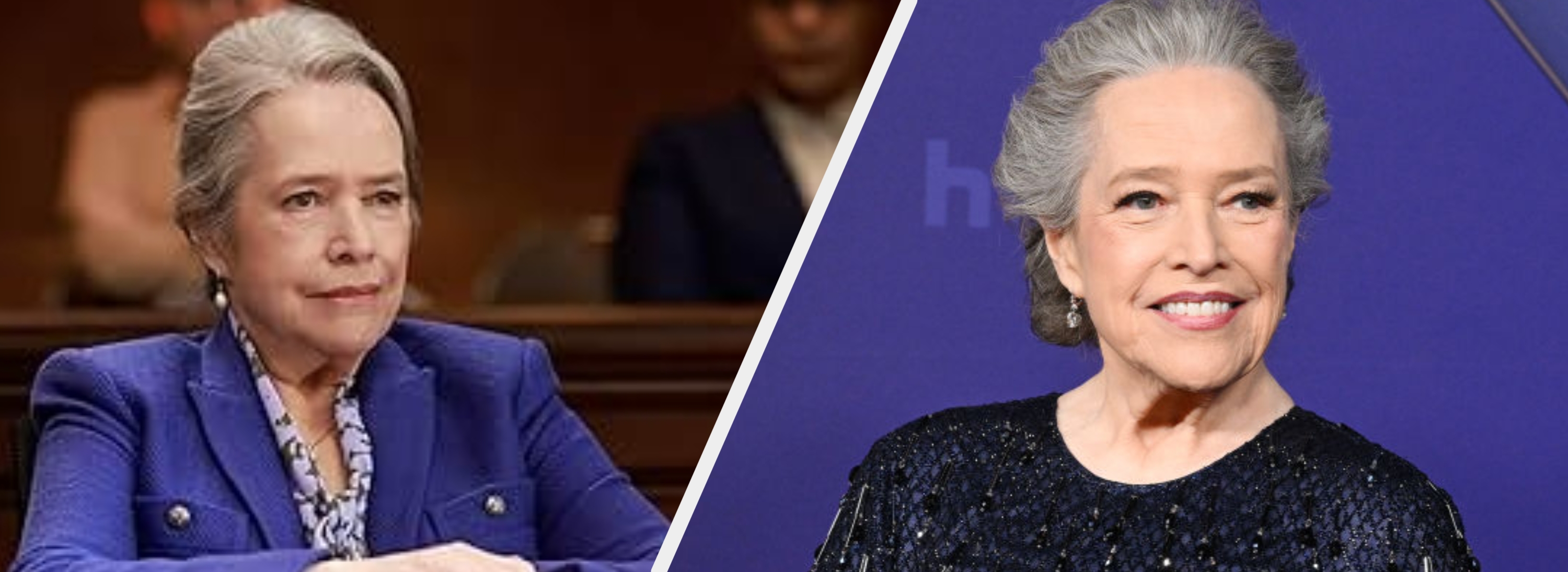 A woman in a courtroom, wearing a formal suit, sits at a table with papers and glasses, looking attentively
