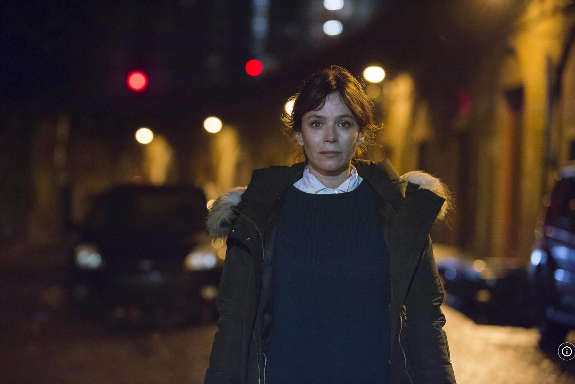 A person stands in a dimly lit street wearing a coat with a fur-trimmed hood, conveying a thoughtful or serious expression