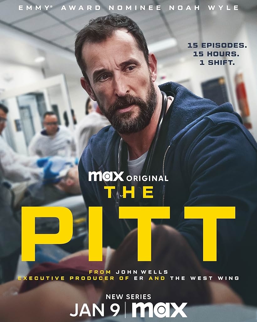 Poster for TV series &quot;The Pitt&quot; featuring a man in a hospital setting. Text: &quot;15 episodes. 15 hours. 1 shift. New series Jan 9 on Max.&quot;