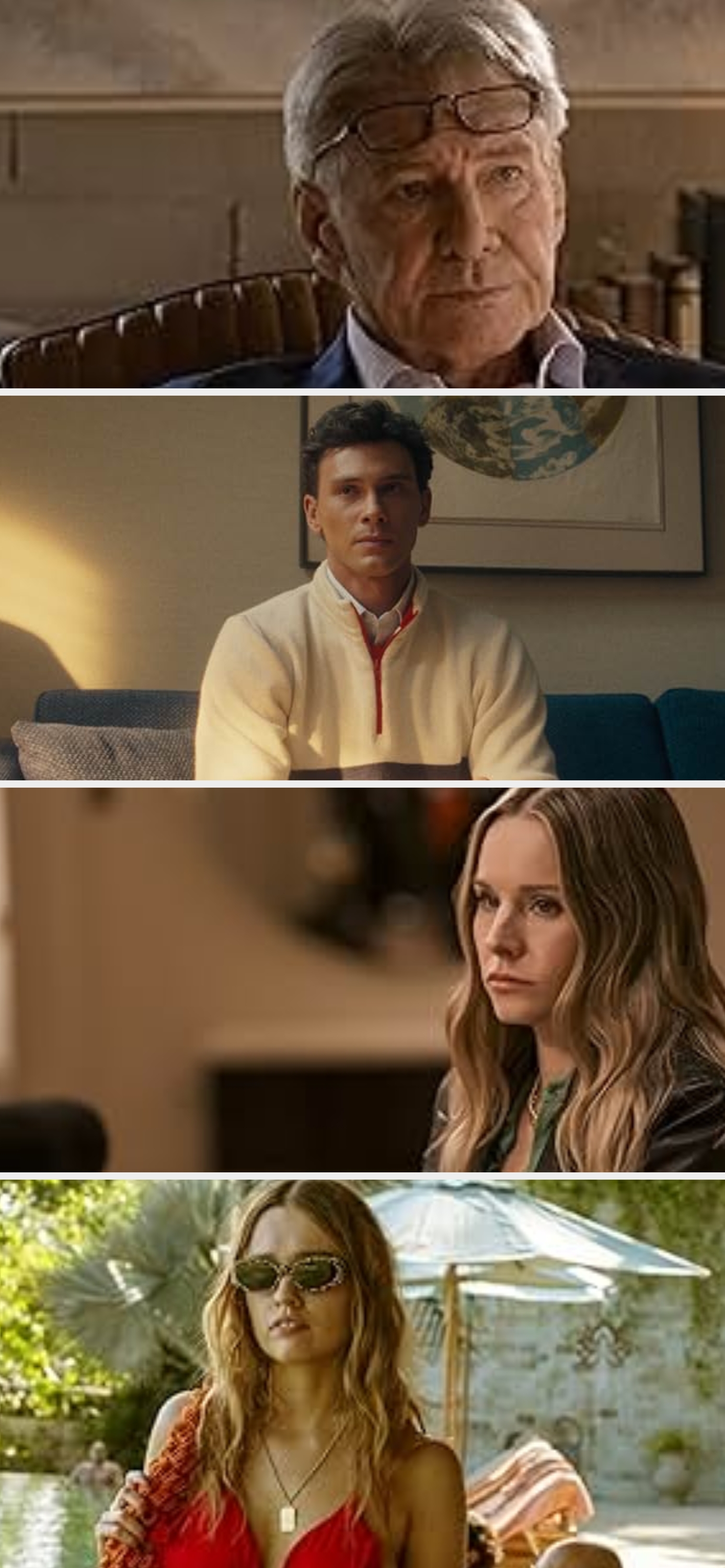 A man sits in a chair with glasses resting on his head, wearing a blazer and shirt, in a wood-paneled room