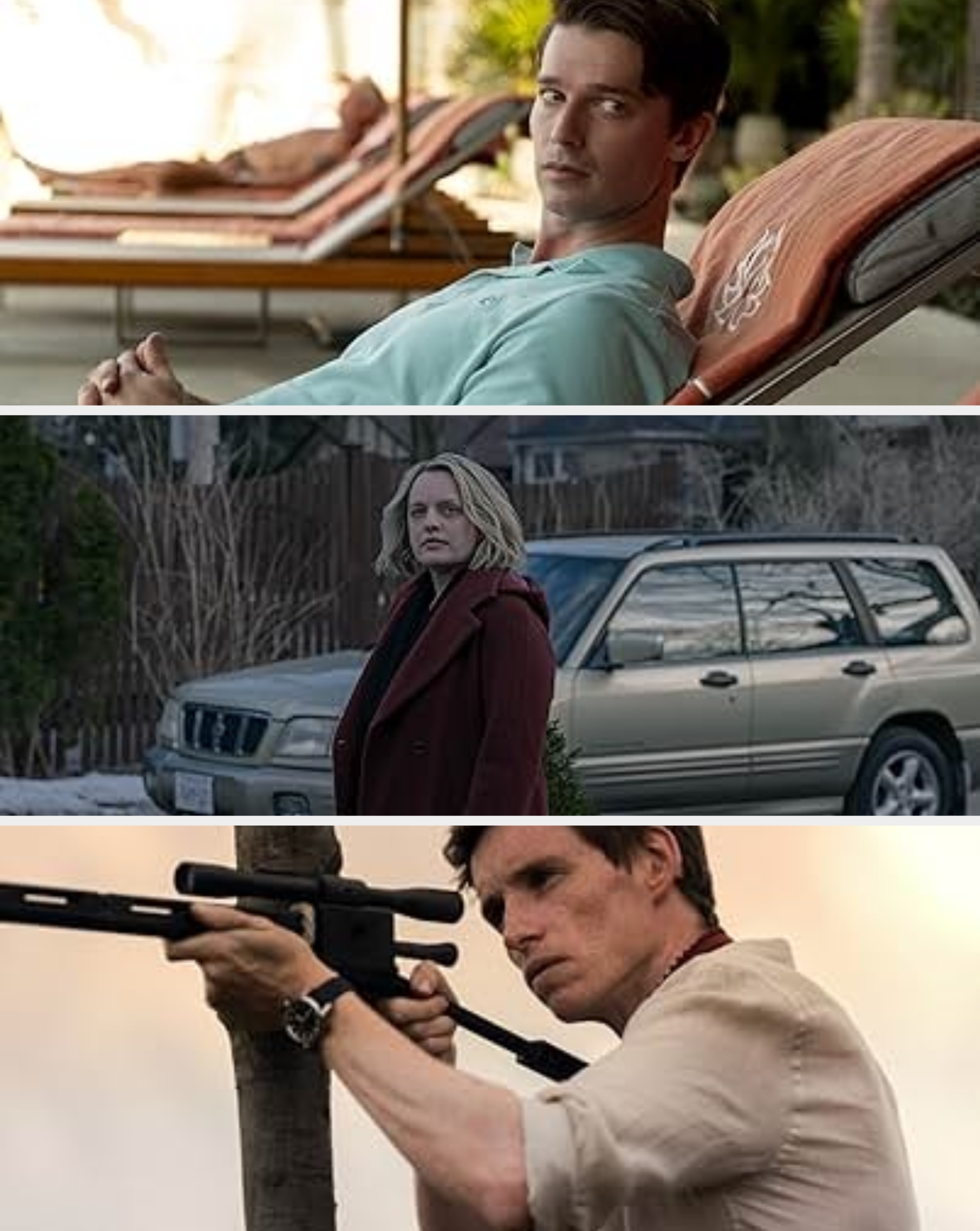 Man lounging outdoors on a sunbed, wearing a casual polo shirt and patterned shorts, with a relaxed expression