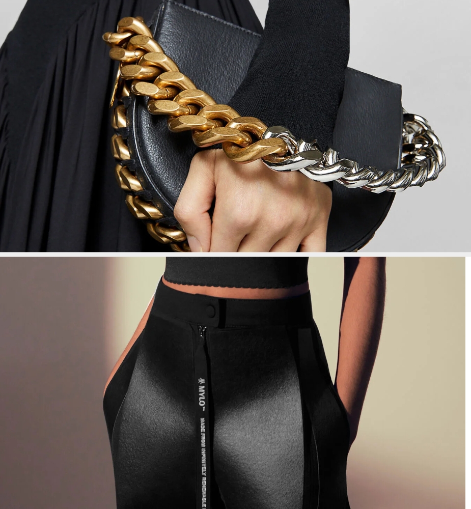Two fashion images: Top shows a hand holding a black clutch with chunky gold and silver chain strap. Bottom shows a close-up of a sleek, high-waisted zipper skirt