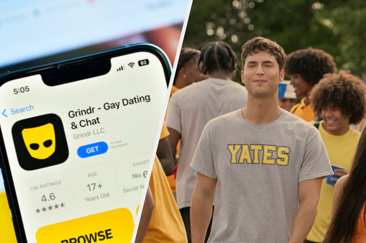 Split image: Left shows Grindr app page. Right depicts a person in a "Yates" t-shirt among a cheerful group outdoors