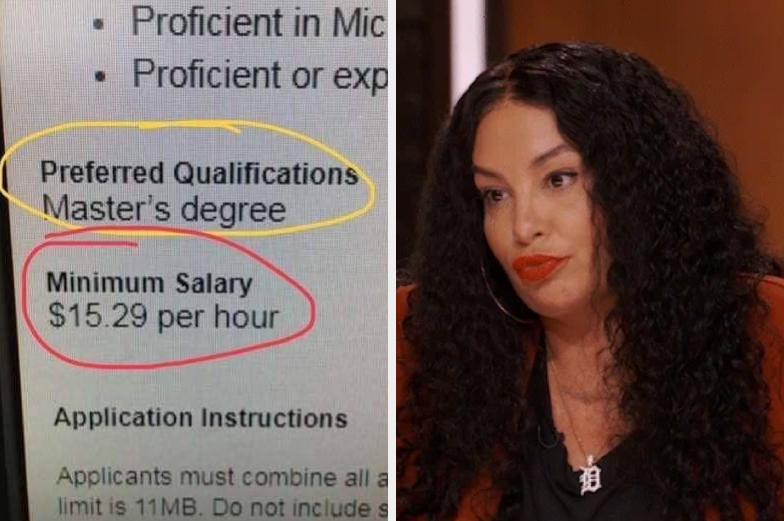 A job listing highlights a Master's degree preference and a minimum salary of $15.29/hour. A person looks critically at the listing