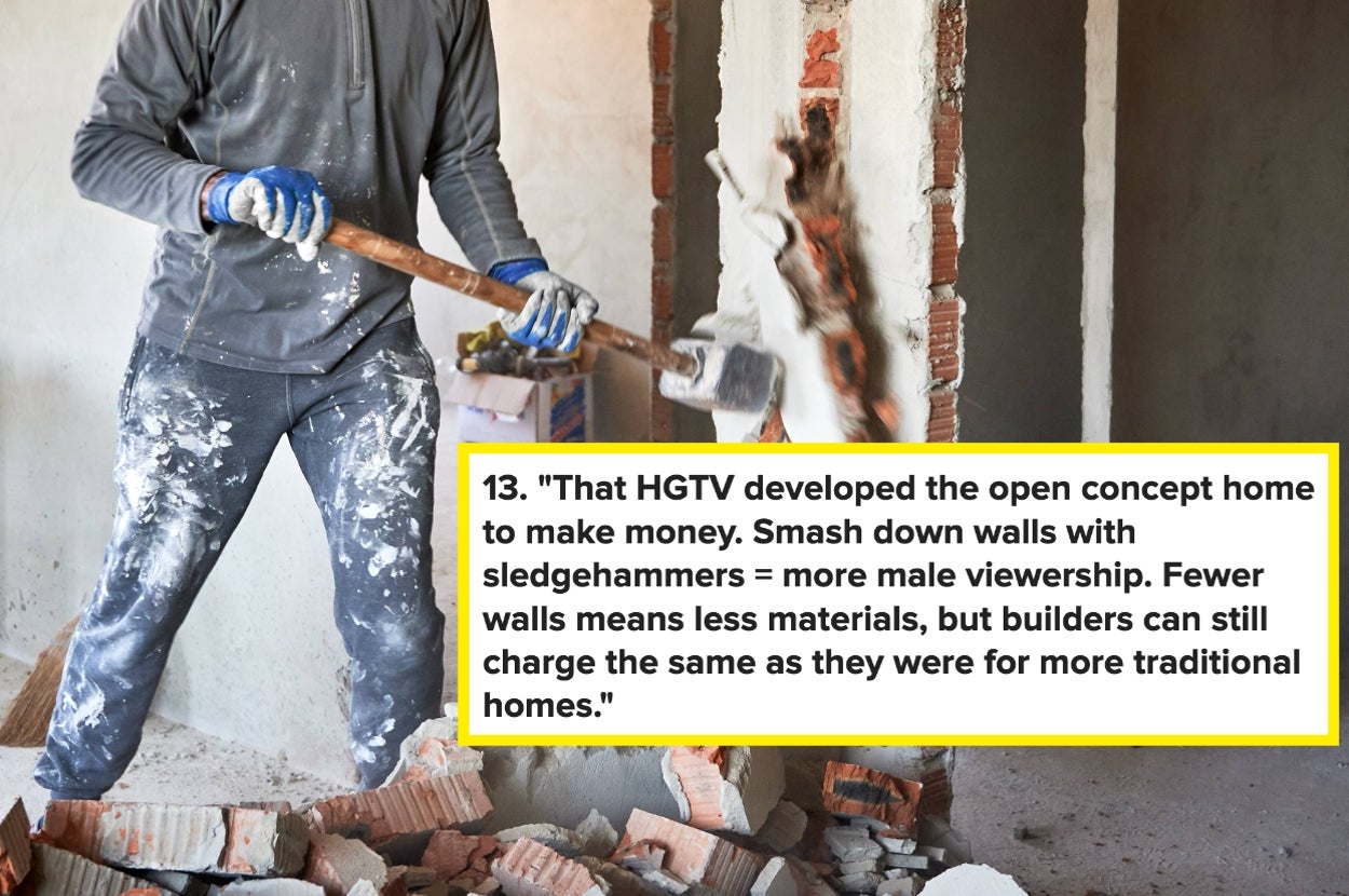 Person using sledgehammer to demolish wall; text criticizes open concept home trend as a tactic to increase male viewership and profits in home building