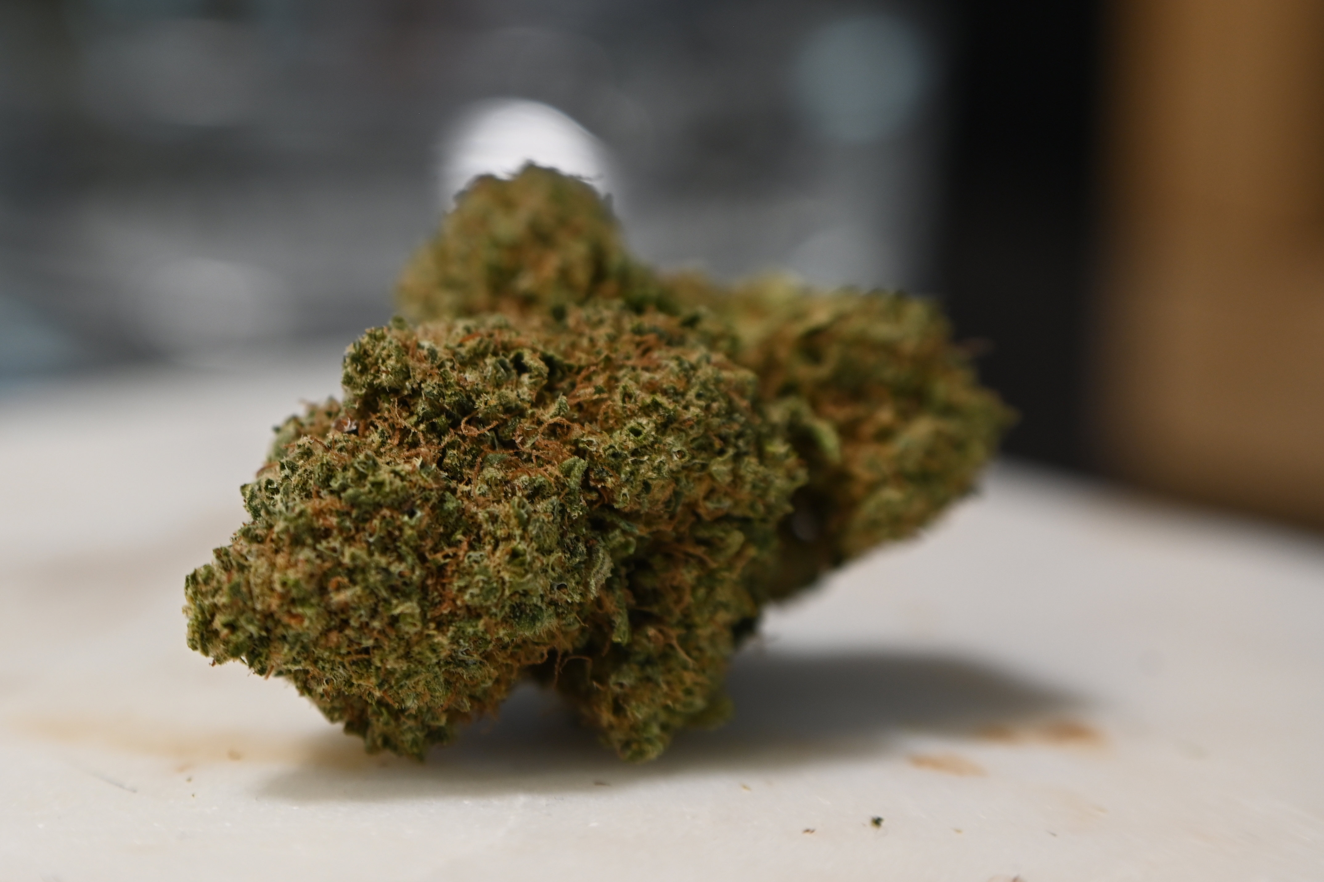 Nærbilde av en cannabisknopp med strukturert overflate på en lett bakgrunn