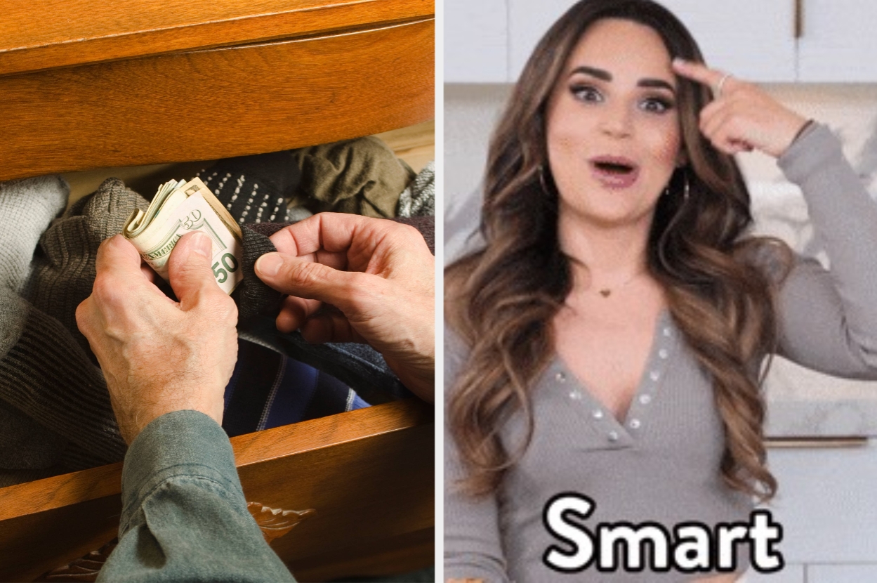 Left: Person hiding money in a drawer under clothes. Right: A person in a gray top pointing to their head, with the word "Smart" below